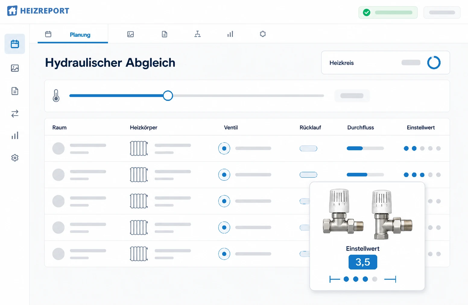 Schematische Heizreport Pro Übersicht für den hydraulischen Abgleich